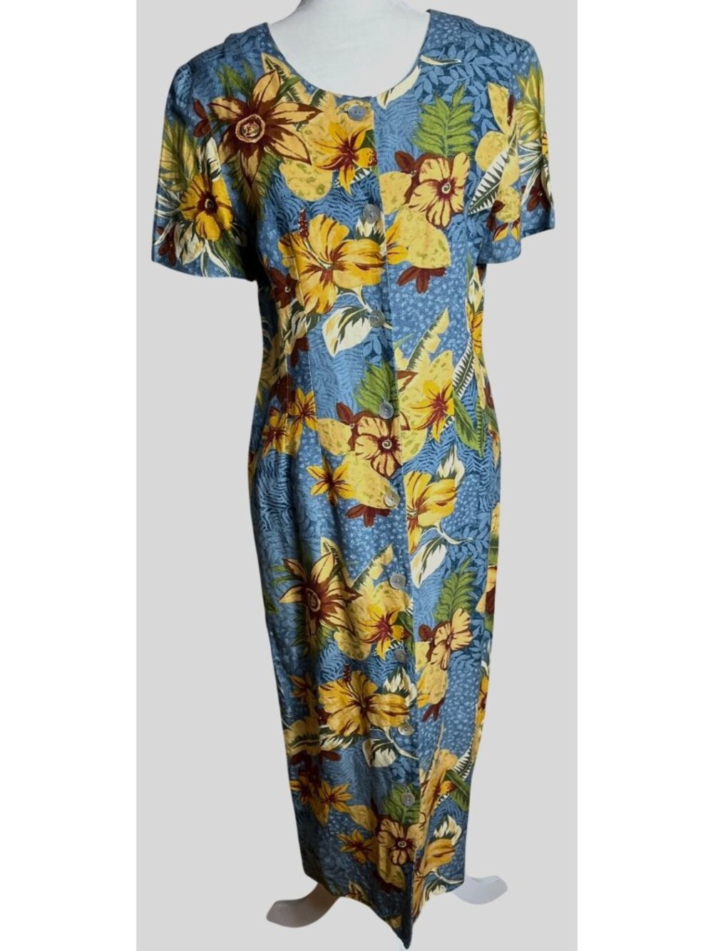 Vtg 80s Dress Linen Blue Tropical Floral Midi Button Artsy Boho Festival Women 6 - Picture 2 of 11